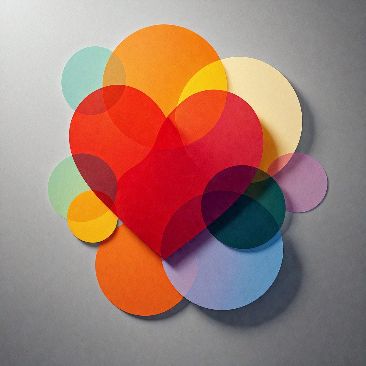 The primary subject of the image is a colorful heart-shaped paper cutout. The heart is made up of various colored circles, creating a visually appealing and vibrant design. The setting is a gray wall, which serves as a neutral backdrop for the heart-shaped paper. The visual style of the image is a combination of digital art and illustration, as the heart is created using a pattern of circles. The colors and mood of the image are lively and cheerful, with the heart's bright colors and the overall composition evoking a sense of warmth and positivity.